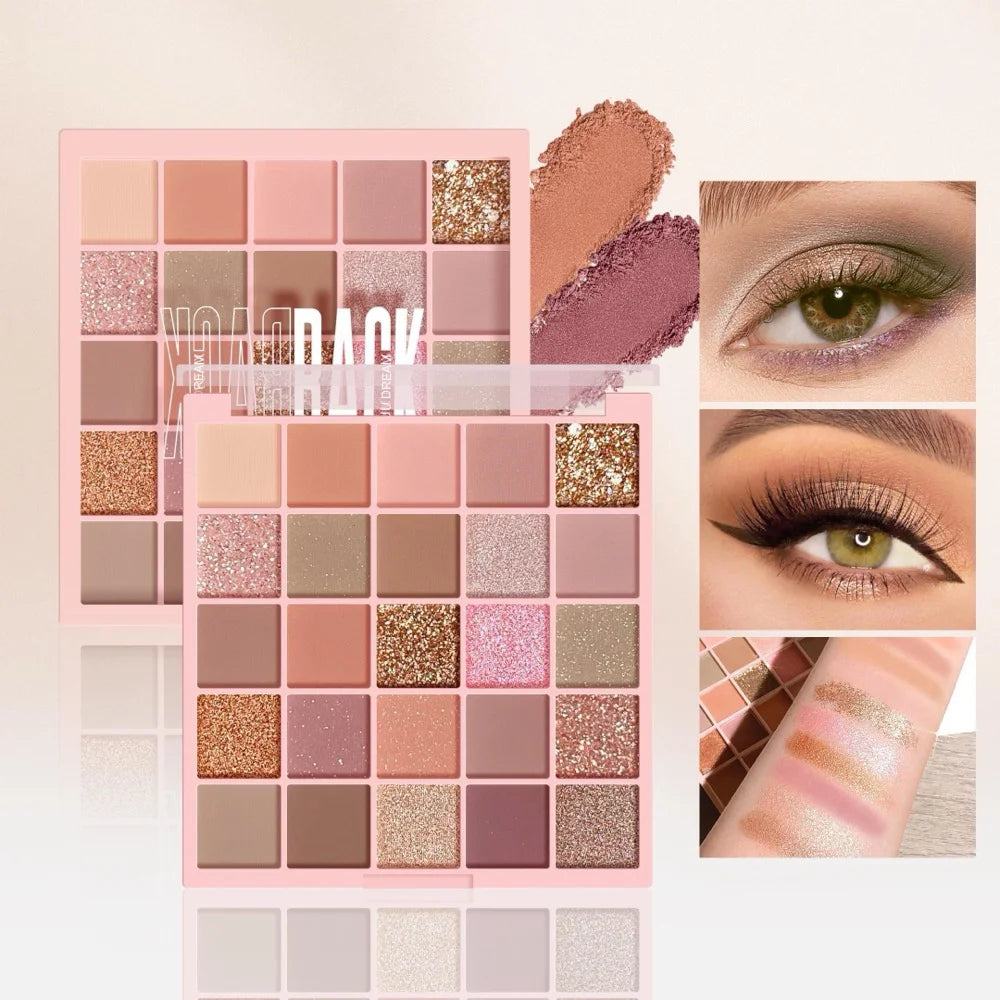 25-Color Eyeshadow Palette – Matte & Shimmer, Neutral Browns & Grays, Eye/Face Use, Contour, Brighten, Vegan, Certified, Unisex