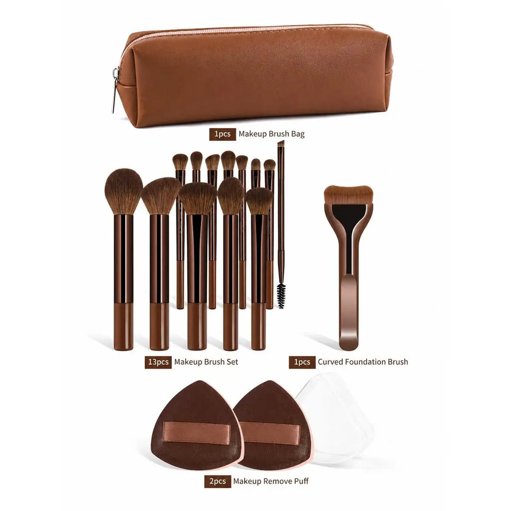 17pcs Makeup Tools Including 14pcs Makeup Brushes Set + 1pc Makeup Bag + 2pcs Air Puff Accessories Foundation Brush Blush Brush