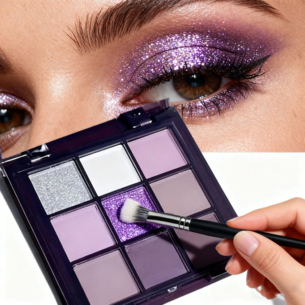Eyeshadow palette, nine shades of smoky, matte, pearlescent, fine dark purple glitter, affordable makeup