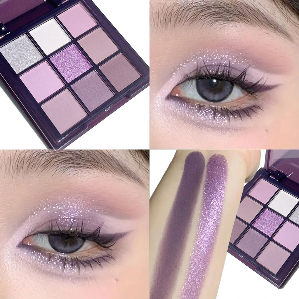 Eyeshadow palette, nine shades of smoky, matte, pearlescent, fine dark purple glitter, affordable makeup