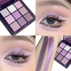 Eyeshadow palette, nine shades of smoky, matte, pearlescent, fine dark purple glitter, affordable makeup