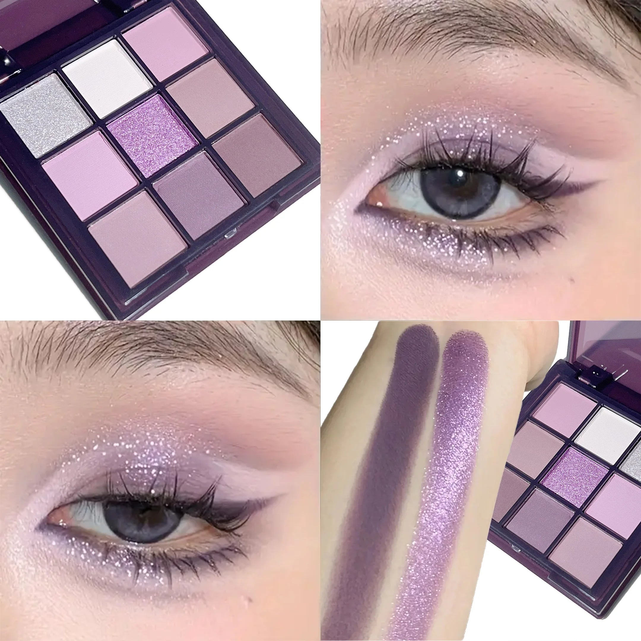 Eyeshadow palette, nine shades of smoky, matte, pearlescent, fine dark purple glitter, affordable makeup