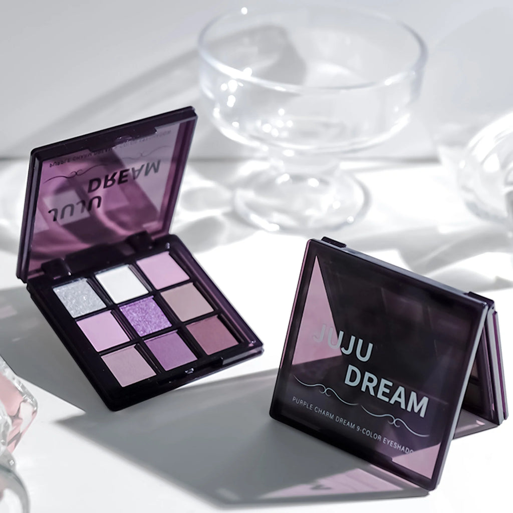 Eyeshadow palette, nine shades of smoky, matte, pearlescent, fine dark purple glitter, affordable makeup