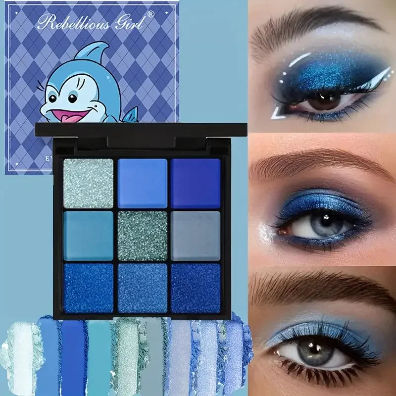 9 Color Eyeshadow Palette Blue Waterproof Sweatproof Blue Matte Pearl Glitter Finish Performance Stage Makeup Music Festival
