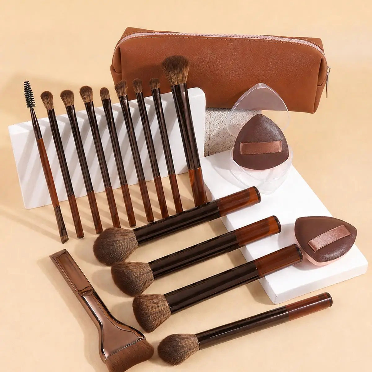 17pcs Makeup Tools Including 14pcs Makeup Brushes Set + 1pc Makeup Bag + 2pcs Air Puff Accessories Foundation Brush Blush Brush