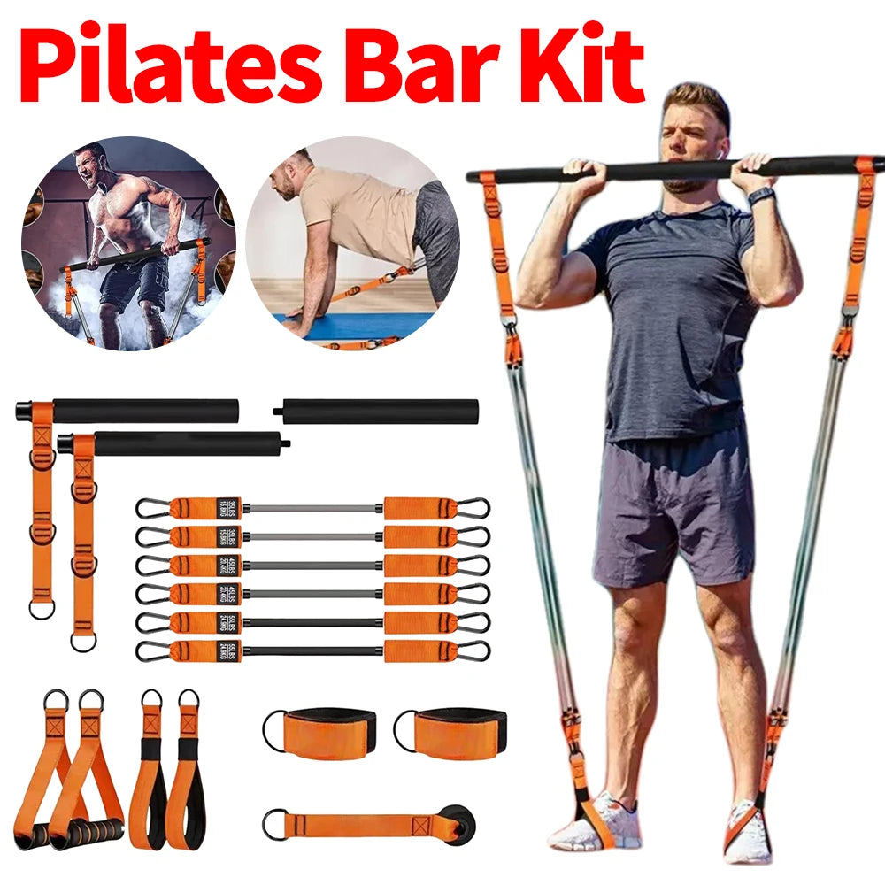 Portable Pilates Bar Kit with Elastic Bands Detachable Weighted Exercise Bar Multifunctional Pilates Bar Portable Yoga Pilates