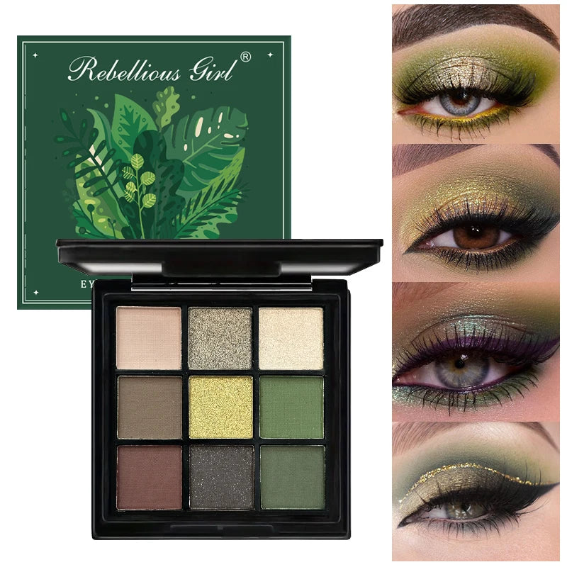 9 Color Eyeshadow Palette Olive Green Smoky Eye Look Pearlescent Shimmer Matte Eyeshadow Powder Makeup Palette Glitter Cosmetics