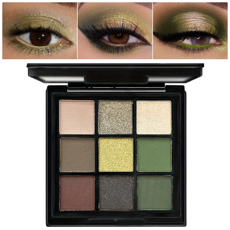 9 Color Eyeshadow Palette Olive Green Smoky Eye Look Pearlescent Shimmer Matte Eyeshadow Powder Makeup Palette Glitter Cosmetics