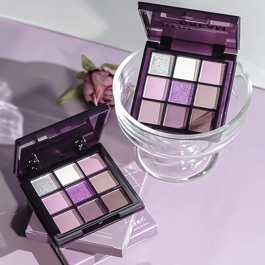 Eyeshadow palette, nine shades of smoky, matte, pearlescent, fine dark purple glitter, affordable makeup