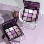 Eyeshadow palette, nine shades of smoky, matte, pearlescent, fine dark purple glitter, affordable makeup