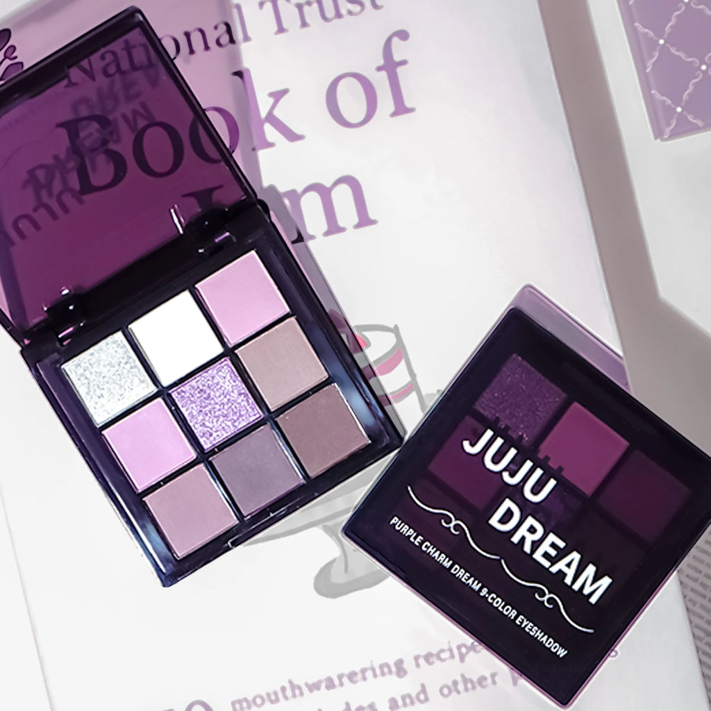 Eyeshadow palette, nine shades of smoky, matte, pearlescent, fine dark purple glitter, affordable makeup