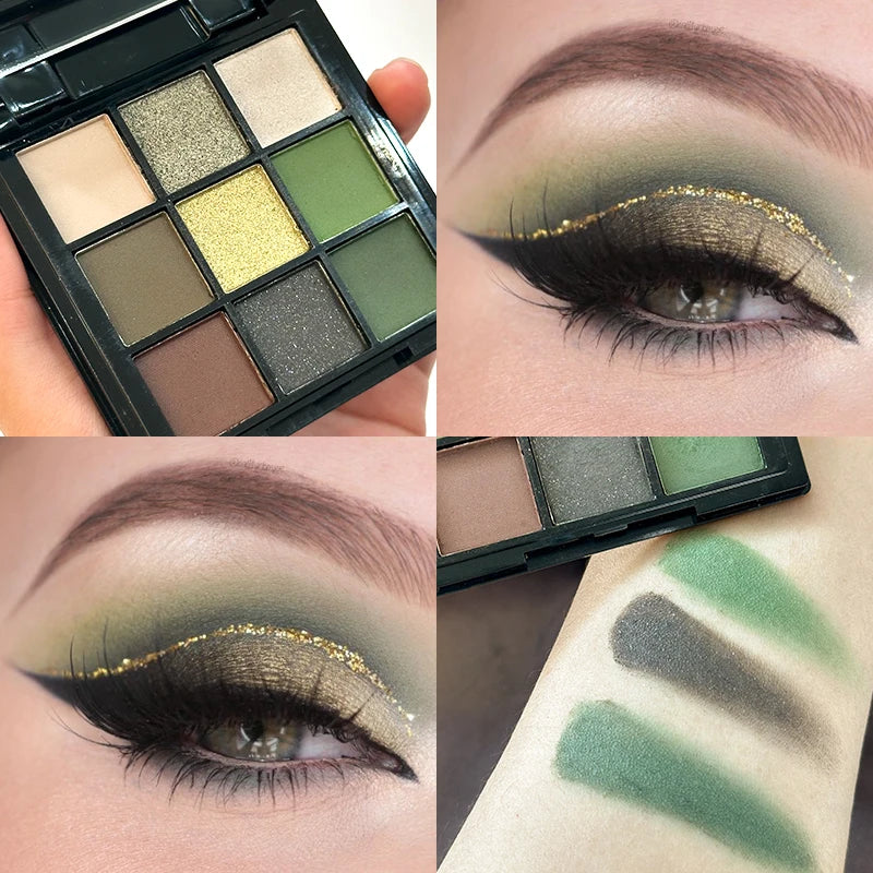9 Color Eyeshadow Palette Olive Green Smoky Eye Look Pearlescent Shimmer Matte Eyeshadow Powder Makeup Palette Glitter Cosmetics